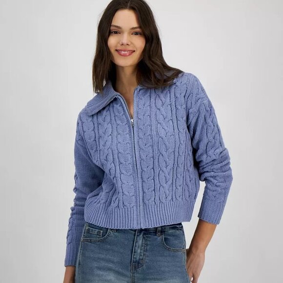 Hippie Rose "Soft & Cozy" Chenille Cable-Knit Zip-Up Sweater Blue Cardigan Large - Picture 1 of 8